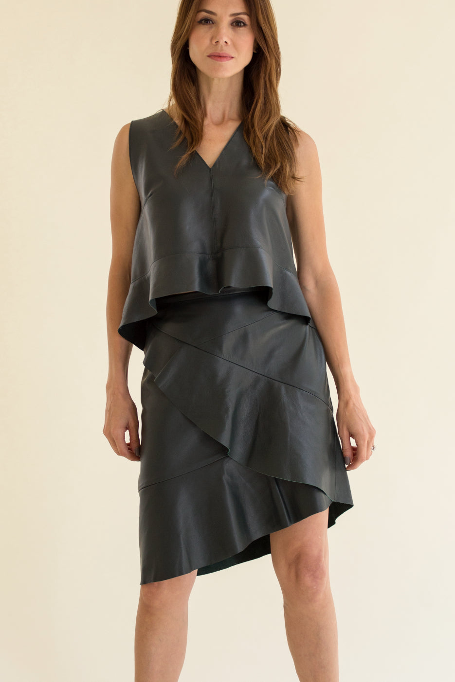 Verde Botella Falda y blusa de piel Atrio