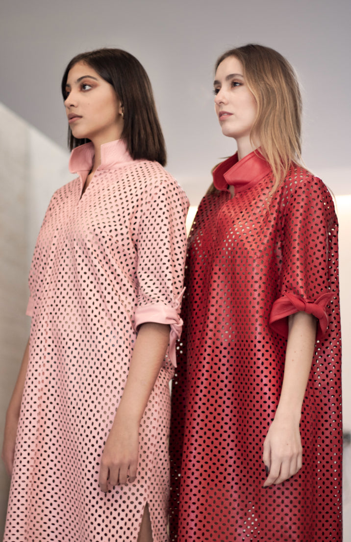 Vestido Carolina Piel Rosa y rojo Perforado 